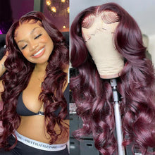 Load image into Gallery viewer, 99j Color 180% Dentsity 13x4 Burgundy Body Wave Lace Frontal Wigs
