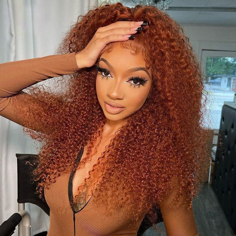 13x4 Curly Ginger Brown Colored Lace Front Human Hair Wigs hairuni